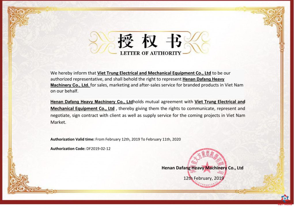 CHỨNG NHẬN ĐẠI LÝ ỦY QUYỀN HÃNG HENAN DAFANG